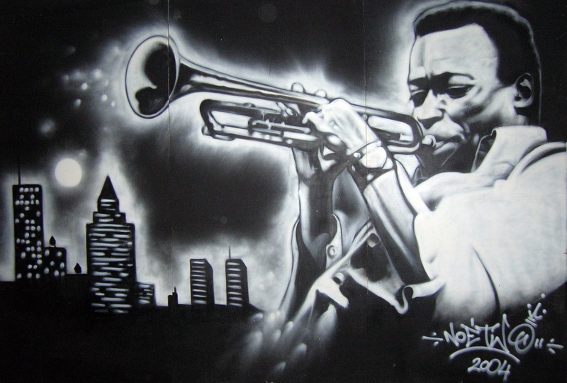 men, males, man, street art, holding, art and craft, architecture, painting, built structure, gun, human representation, indoors, jazzman, male likeness