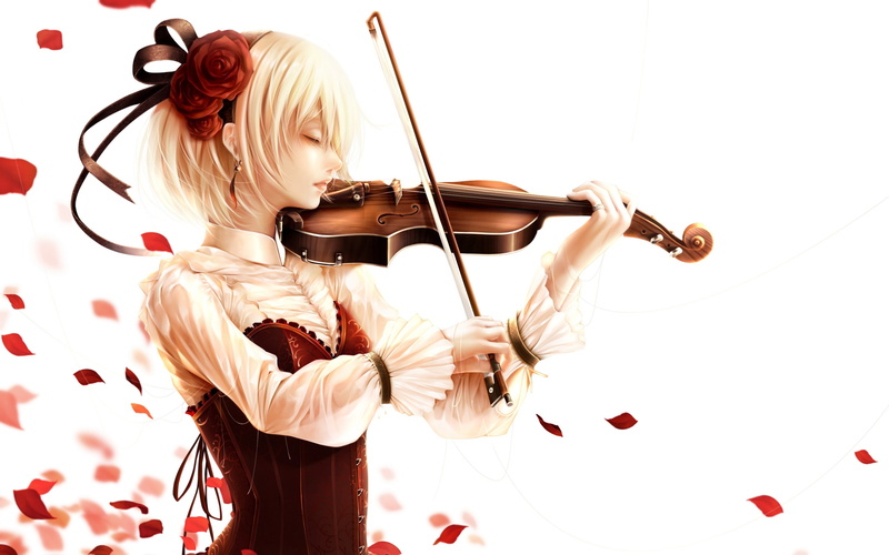 musical instrument, violin, design, indoors, bouno, artist, playing, holding, 2K, satoshi, hd, anime, hair, girl, blond hair, hairstyle, arts culture and entertainment