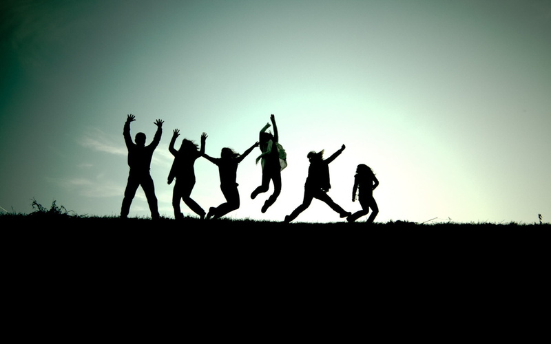 cheerful, scarf, joy, teenager, crowd, summer, jumping, copy space, grass, arms Raised, lifestyles, men, excitement, sky, friendship, dancing, jump, large Group Of People