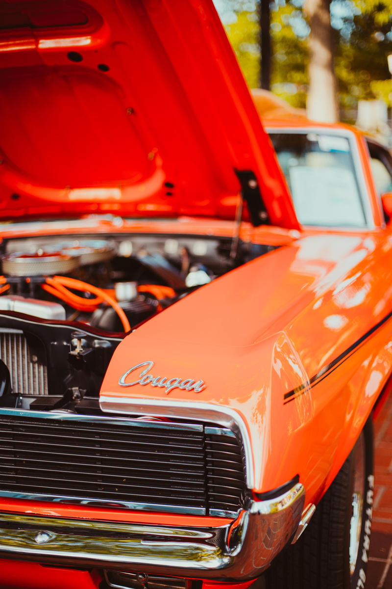 car, hemi, grill, wheel, cougar, outdoors, vintage, front, sports Car, mode of Transport, transport, bonnet, muscle, car Show, opened, orange, old-fashioned