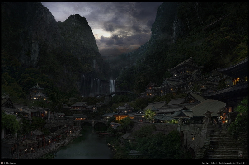 village, lakeeat, japanesemountainvillage, zaviyalov, feudal, nature, 720P, mountains, hd, art, dmitry, mountain