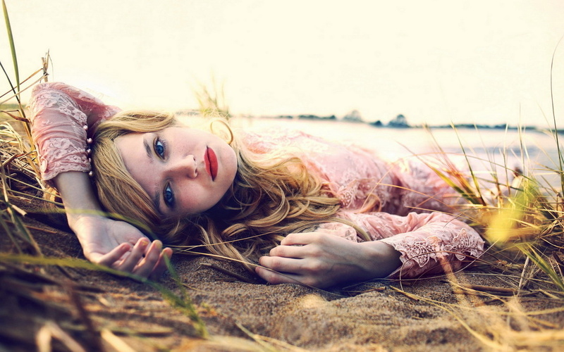 girl, grass, face, blonde, lying, woman, beautyful, 720P