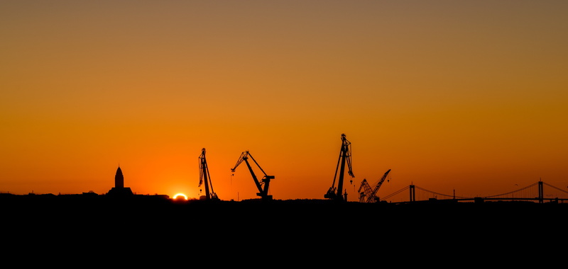 beautifully, development, copy space, nature, construction site, colors, dusk, gothenburg, business, no people, sky, orange color, clear sky, views, crane - Construction Machinery