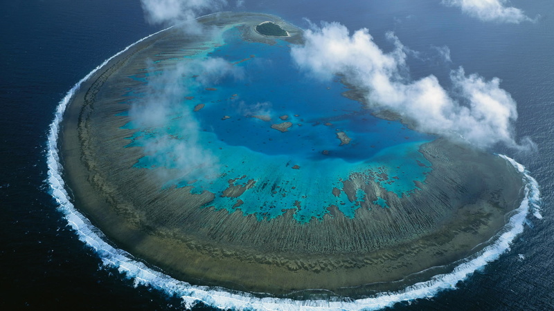 volcanic crater, aerial, coral Atoll, water, physical geography, mountain, erupting, 1080P, no people, The great barrier reef, Australia, environment