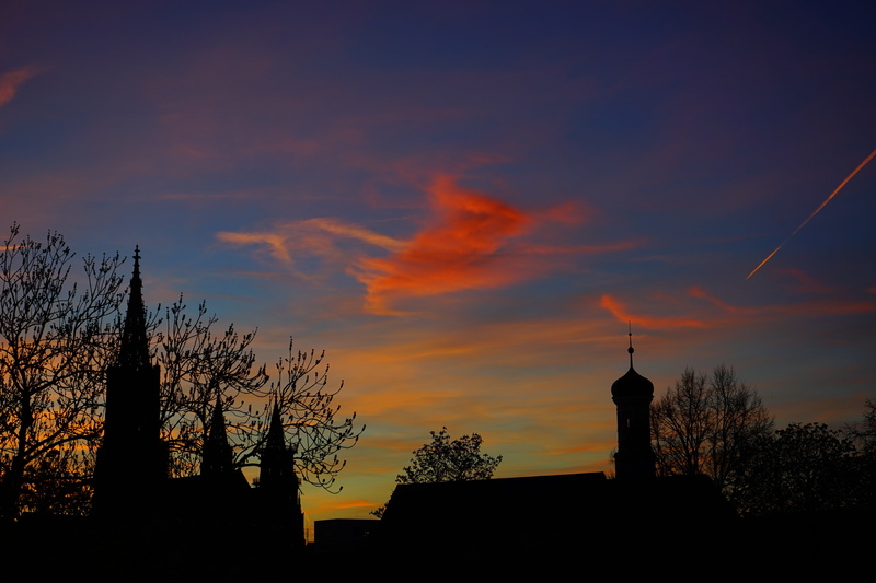 roof, pastellfarben, spirituality, sunset, orange color, silhouette, low angle view, architecture, steeple, 5K, clouds, holy trinity church, onion dome