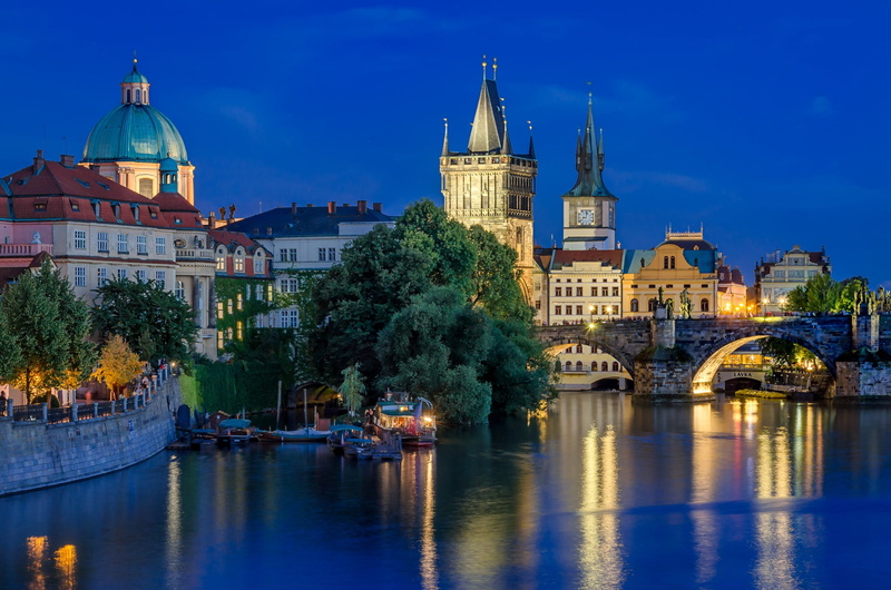 1080P, Czech Republic, the evening, river, lights, Charles bridge, Prague