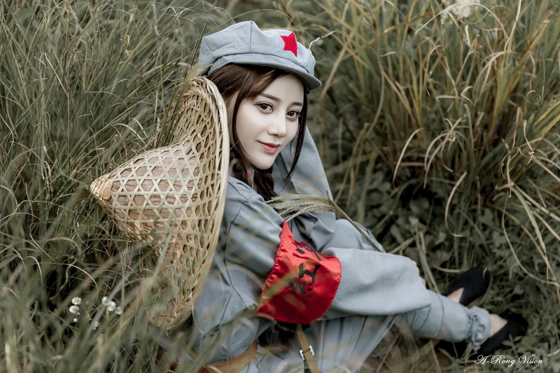 1080P, Asian, model, brunette, depth of field, women, 500px, communism, cosplay, pigtails, field, red army