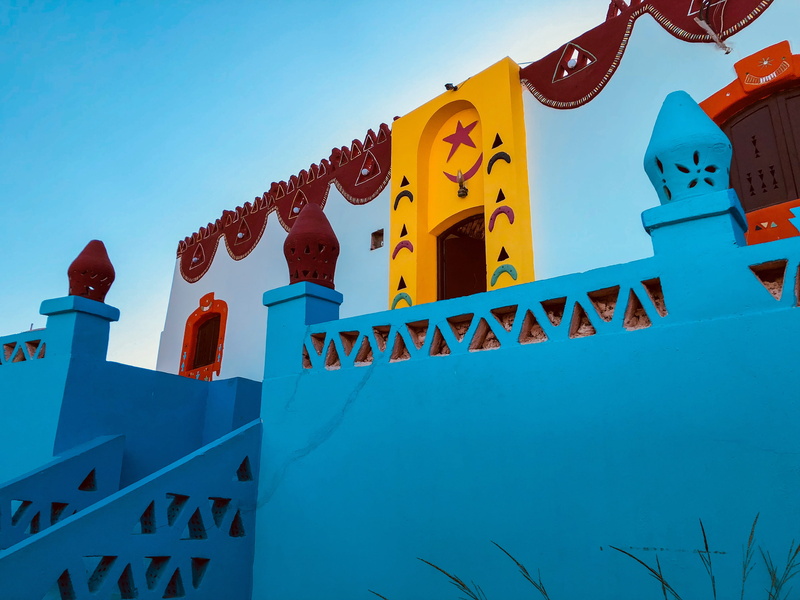 house, religion, outdoors, home, egypt, built structure, egyptian, text, celebration, sky, colorful, low angle view, blue, 4K, art, nubian, no people