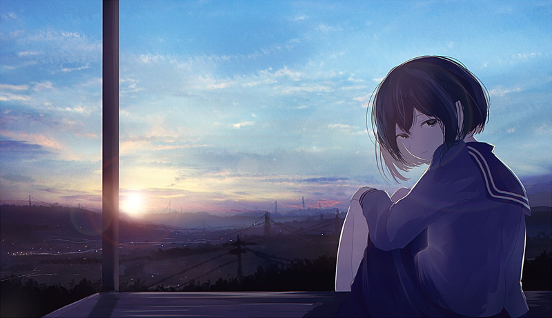 anime girls, clear sky, sky, sun rays, sitting, dark hair, school uniform, outdoors, sunlight, 1080P, anime, dawn, looking at viewer