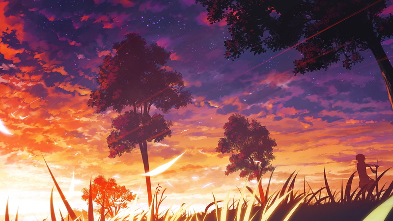 sun rays, anime, evening, sky, 2K, trees