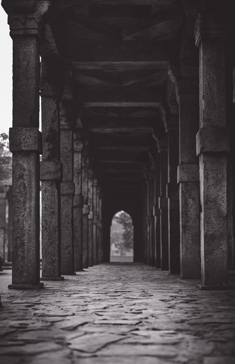 aisle, sidewalk, building, arcade, no people, indoors, colonnade, empty, flagstone, black and white, the way forward, architecture, travel, day, place of worship