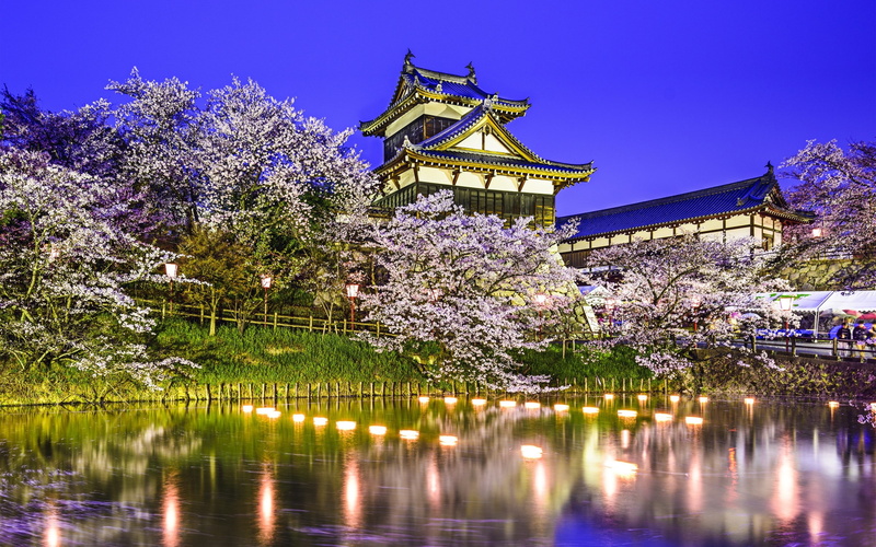 cherry blossom, architecture, water, Japan, 2K