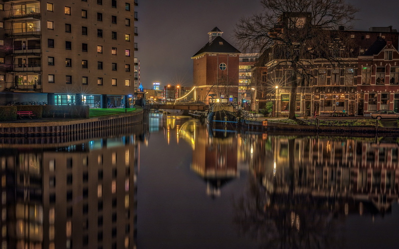 river, tree, Netherlands, channel, Groningen, lights, reflection, home, 2K, night, water, bridge