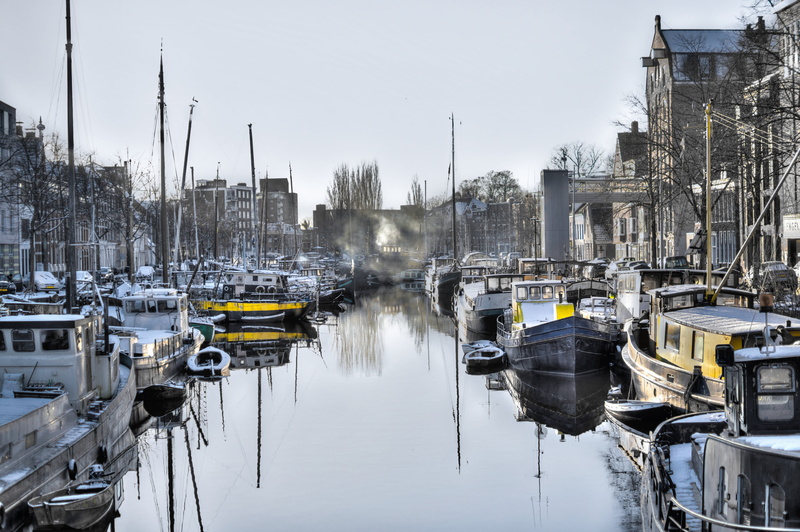 5K, scenic, marina, canal, architecture, moored, mode of transportation, holland, sky, winter, city, tourism, outdoors, reflection, dutch, river, warehouse