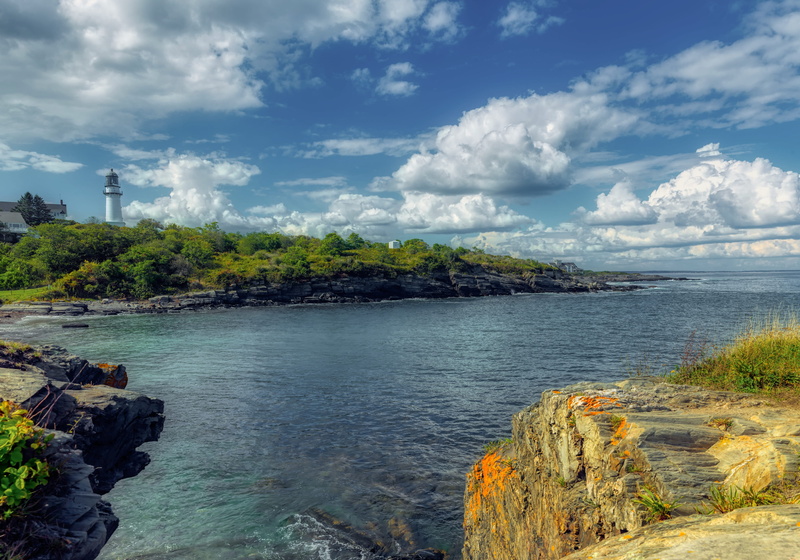 beauty in nature, trees, tranquility, new england, tranquil scene, plant, cloud - sky, land, sky, rock - object, atlantic, day, nature, solid, outdoors