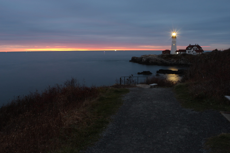 beauty in nature, dawn, horizon over water, cloud, portland, outdoors, scenics - nature, cloud - sky, cape elizabeth, path, travel, seashore, tourism, built structure
