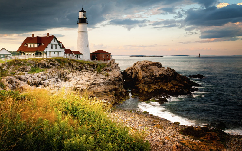  state, portland, u, tower, hd, sunset, lighthouses, 2K, bay, landscape, maine, s, oceans, rocks, dusk, horizon