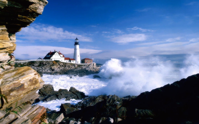 lighthouse, art, oceans, ocean, 480P, sky, rocks, hd, portland, nature
