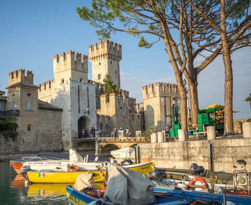 sirmione, transportation, moored, building, sky, landmark, history, mode of transportation, castle, nautical vessel, 5K, real people, assorted, water