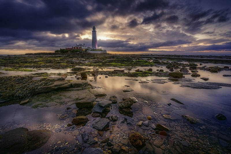land, st. marys lighthouse, clouds, no people, sunset, beach, building, low tide, building exterior, water, landscape, scenic, ocean, St. Marys Lighthouse