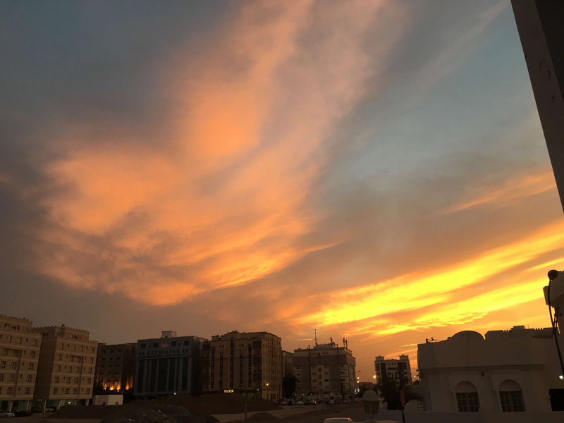 orange sky, city life, evening sky, built structure, no people, building exterior, urban skyline, evening, sunlight, muscat, romantic sky, architecture