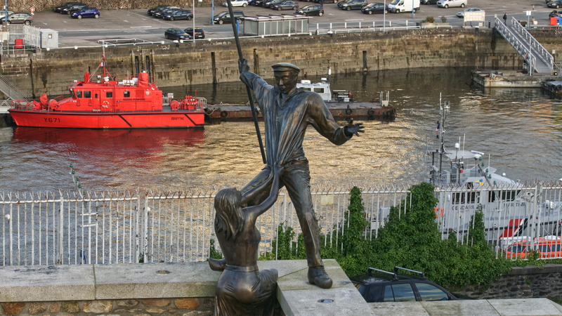 water, building exterior, day, vessel, port, art, car, built structure, navy, sculpture, representation, 5K, statue, incidental people, city, craft, boat