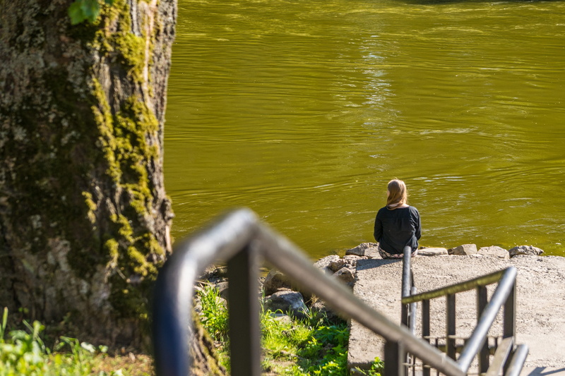 rock, tree, woman, real people, one person, sunlight, ladder, belarus, leisure activity, water, casual clothing, summer, nature, adult, girl, standing