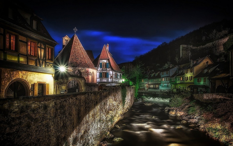 evening, canal, architecture, france, kaysersberg, 1400x875, 720P, city, house, lights