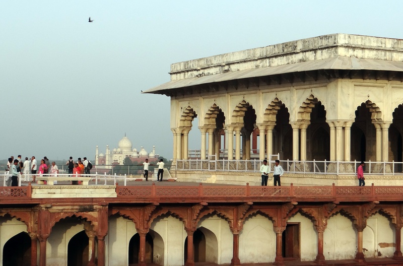 city, architecture, travel, agra fort, low angle view, tourism, outdoors, fort, history, 2K, musamman burj, building exterior, sky, nature, group of people