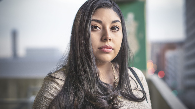 outdoors, united states, looking at camera, long hair, hair, bokeh, headshot, mexican, 5K, concrete, beauty, brunette, downtown, focus on foreground, black hair