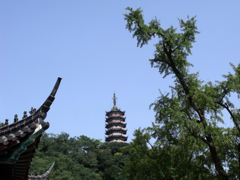 pagoda, building exterior, 2K, sky, buddhism, clear sky, place of worship, famous Place, low angle view, history, tree, belief, architecture, temple - Building