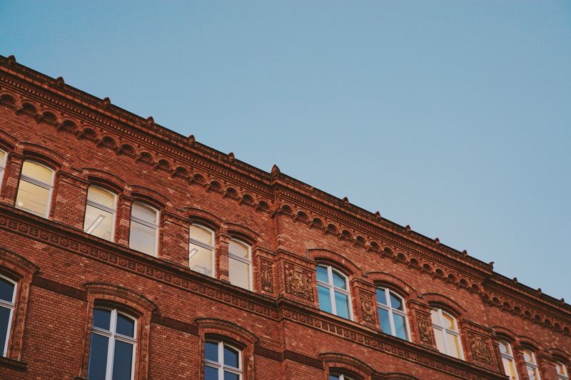 sky, 5K, no people, architecture, clear sky, angle, buildin, rise, brick wall, building exterior, blue, window, photography, nature, high, building, the past