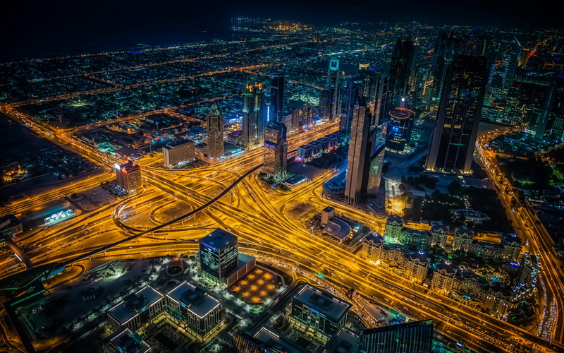 highway, multiple lane highway, illuminated, buildins, 2K, no people, photo, street, road, night, Dubai, bridge - man made structure, city life, skyscraper