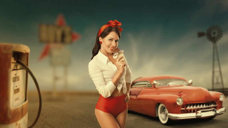 retro, vintage, 1950, Texas, machine, States, dressing, girl, West, chocolate, old, America, shirt, column, 1080P, body