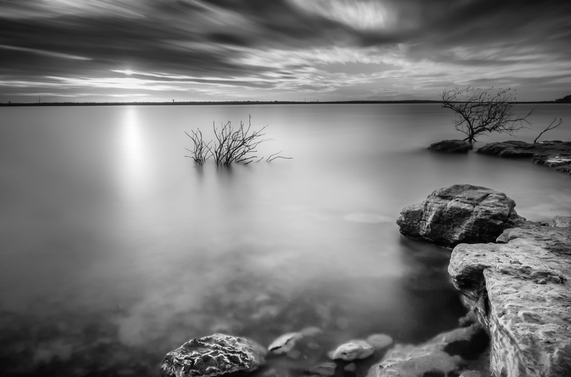 grayscale, outdoors, nature, concrete, landscape, structure, Irix, water, calm, Lake, near, day, seconds, Flower Mound  Texas, 4K, body, landscapes, United States