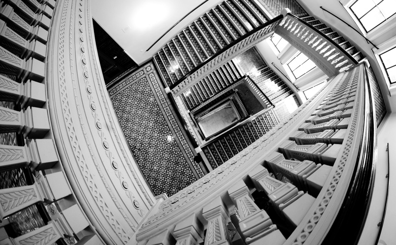 Black and White, unitedstates, high angle view, spiral, ceiling, Louis, illuminated, Architecture, Downtown, pattern, indoors, 5K, railing, white, spiral staircase