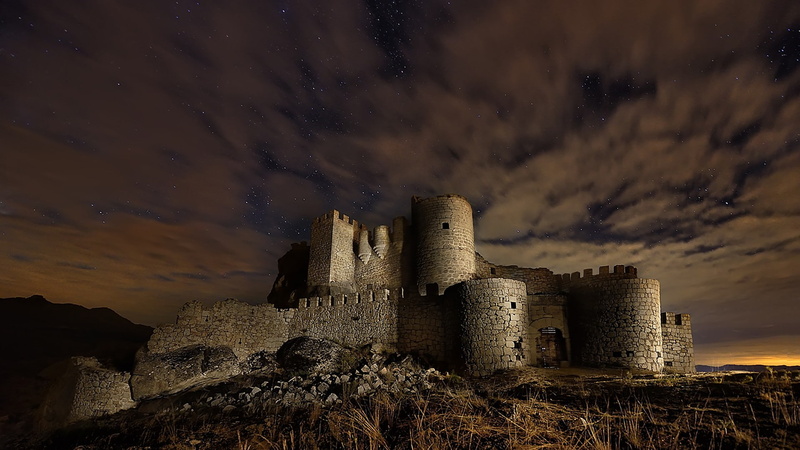 space, dark, outdoors, night, stars, trees, building exterior, ruin, history, sky, nature, old, landscape, 1080P, castle, land, plants, ancient, old ruin