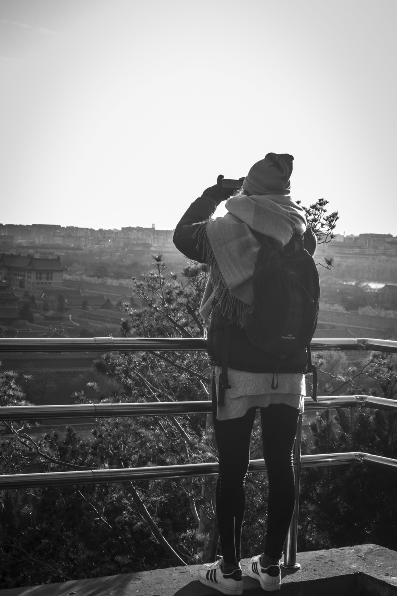 nature, casual clothing, domestic animals, herbivorous, day, environment, sky, lifestyles, beijing jingshan park, railing, mammal, looking at view, full length