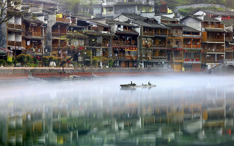 nature, Phoenix Ancient Town, water, birds, landscape, river, photography, China, 1080P, house, mist, reflection