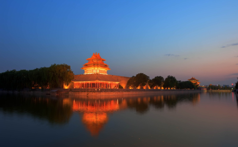 outdoors, the past, sky, orange color, architecture, religion, beijing, lake, reflection, waterfront, travel destinations, built structure, water, 4K