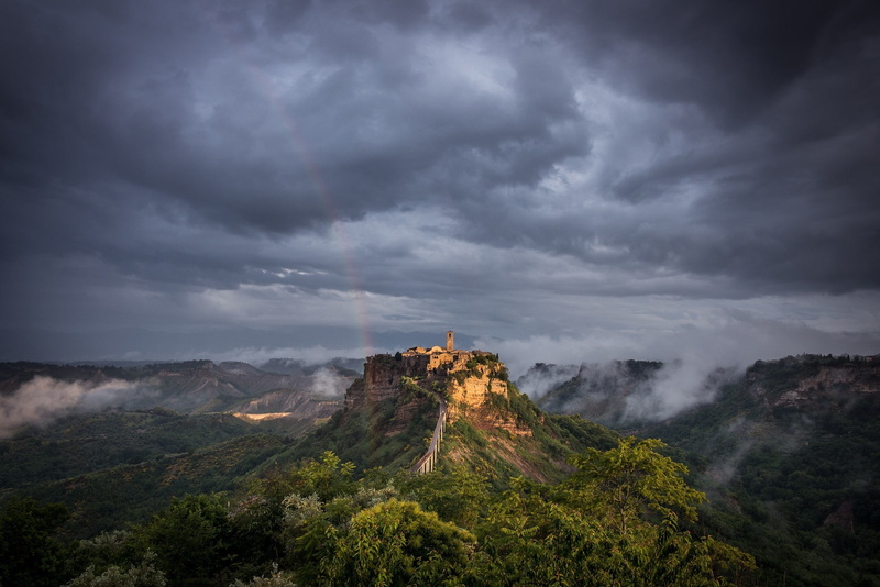 sunlight, Clifftop, Italy, 1080P, Civita Di Bagnoregio, sky, storm, Trees, clouds, Viterbo (italy), landscape