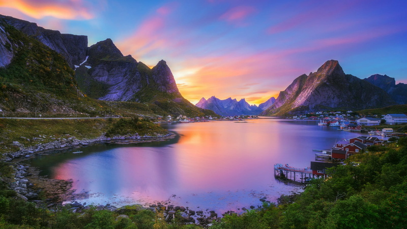 idyllic, dawn, outdoors, water, mount scenery, beauty in nature, mountain range, mountain, tranquil scene, environment, lake, norway, 1080P, scenics - nature