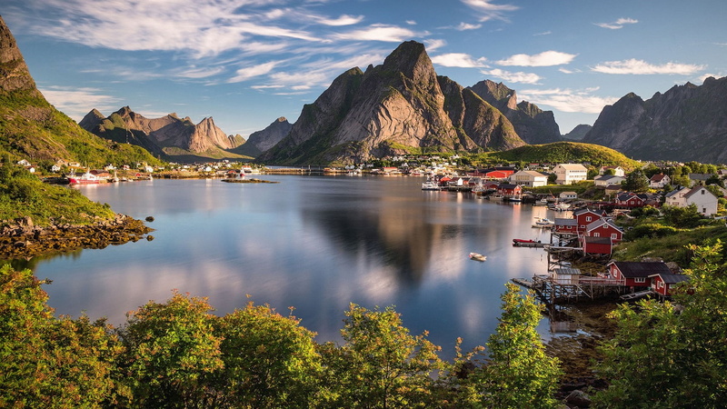 europe, nautical vessel, lofoten, day, architecture, mountain, tranquil scene, village, water, outdoors, wilderness, cloud - sky, reflection, fjord, norway