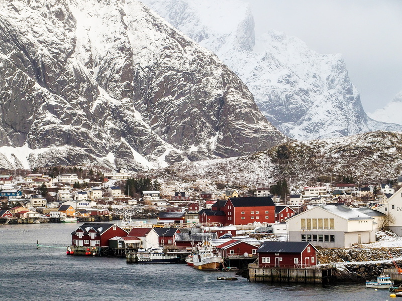 cold temperature, covered, building exterior, near, transportation, 4K, day, daytime, snowcapped mountain, built structure, nautical vessel, fjord, concrete