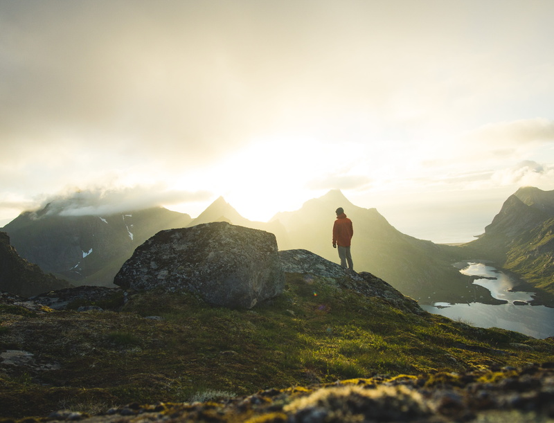 lifestyles, rear view, nature, lofoten, mountains, outdoor, sunset, cloud - sky, trekking, tranquility, sky, trip, beauty in nature, full length, 4K, mountain