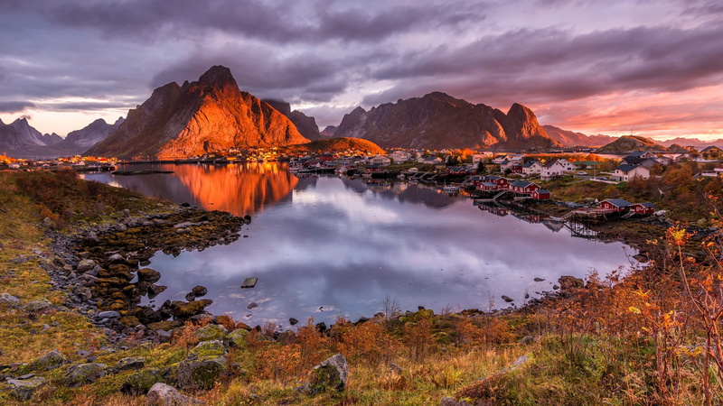 lilac sky, outdoors, tranquility, travel destinations, sky, no people, fishing village, sunset, beauty in nature, cloudy, 4K, mountain range, environment