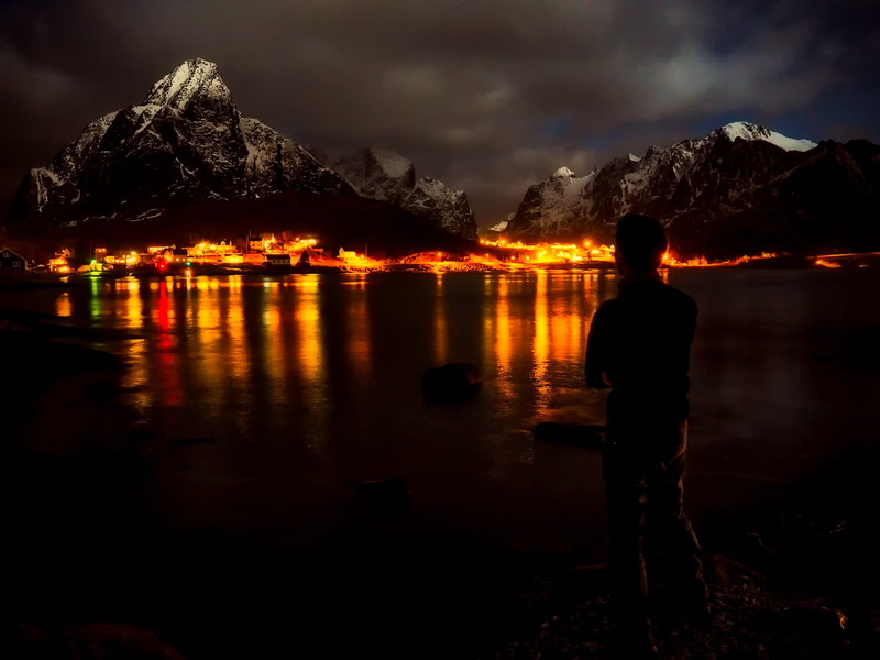 urban, sky, tranquility, men, reflections, tranquil scene, real people, silhouette, man, night, City, beauty in nature, Reine, Norway, outdoors, figure