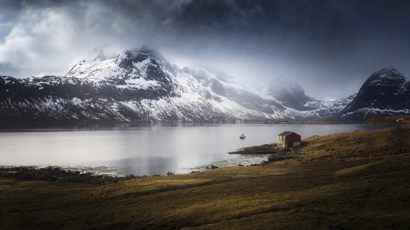mountainous landforms, cloud - sky, cold temperature, norway, lofoten, winter, beauty in nature, landscape, snowcapped mountain, idyllic, water, nature