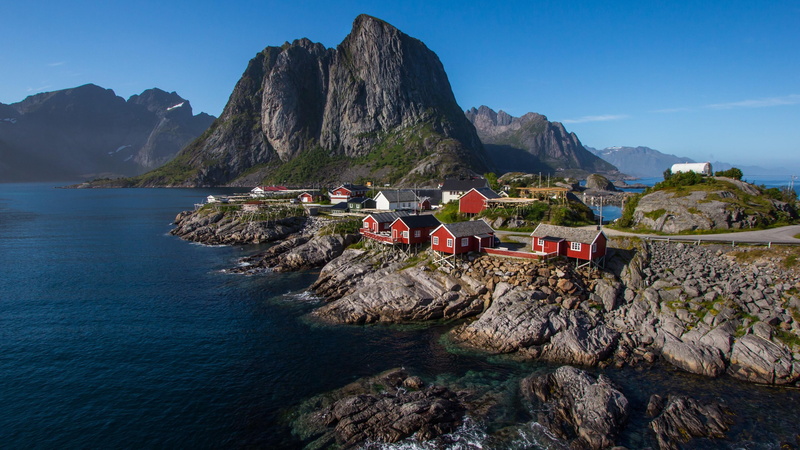 rock - object, environment, beach, tranquility, village, blue, rock, mountain, bay, fjord, mountain range, no people, nature, sky, beauty in nature, outdoors