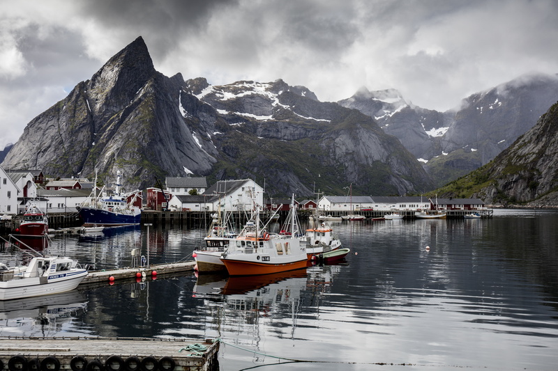 lake, near, winter, lofoten, selective, 8K, day, norway, color, landscape, water, scenics, reine, europe, harbor, snowcapped mountain, moored, sky, painting